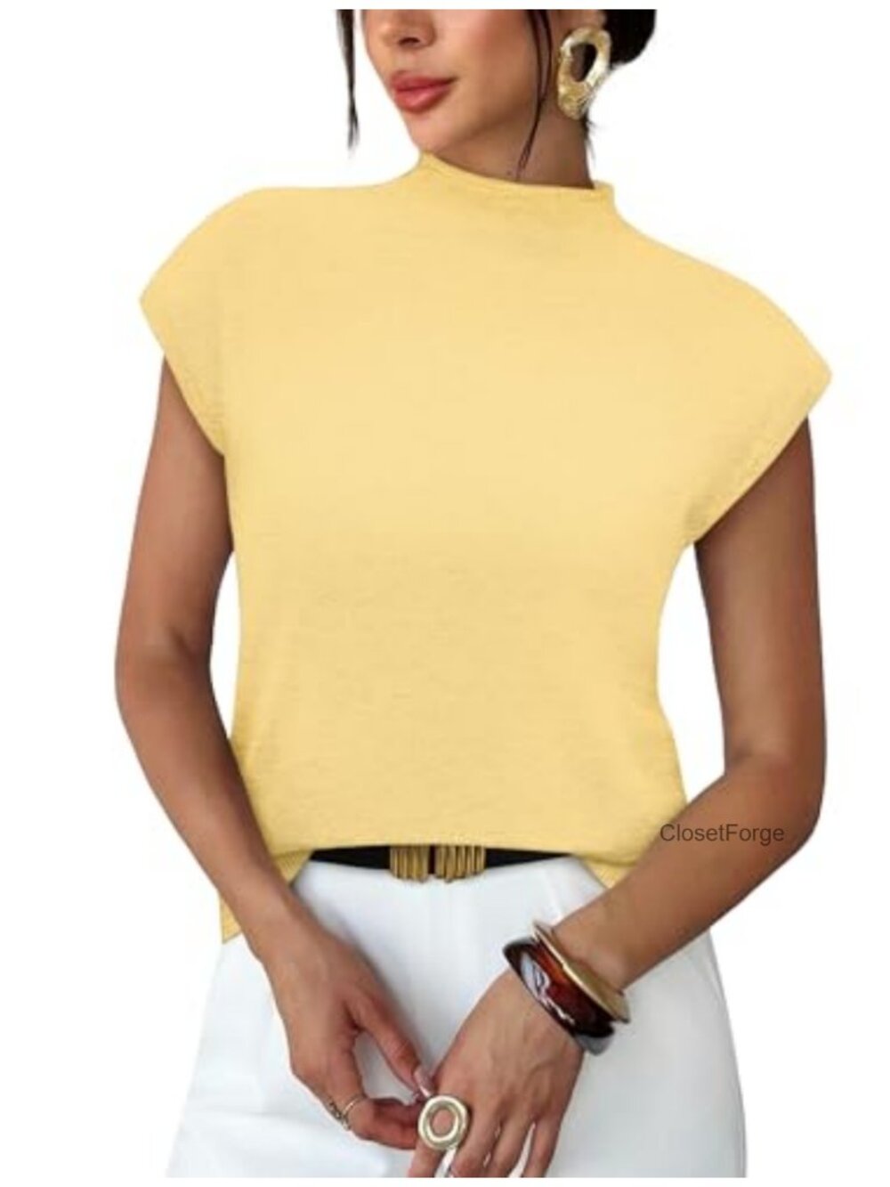 Women's Short Sleeve Mock Neck Knit Sweater Pullover Soft Lightweight Cap